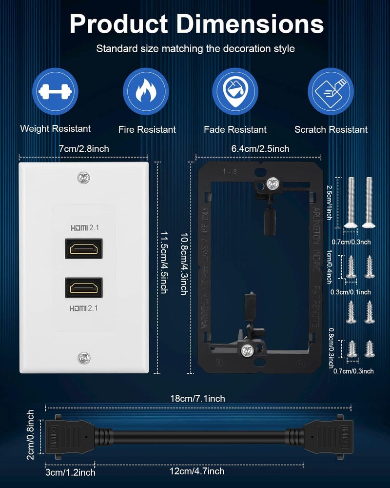 ELECTOP HDMI 2.1 Wall Plate(2 Port), 8K HDMI Wall Outlet Pass Through with Low Voltage Metal Mounting Bracket, Supports 8K@60Hz and 4K@120Hz, 3D, HDR, 48 Gbps HDMI Box, Fits Home Theater Systems - Image 4